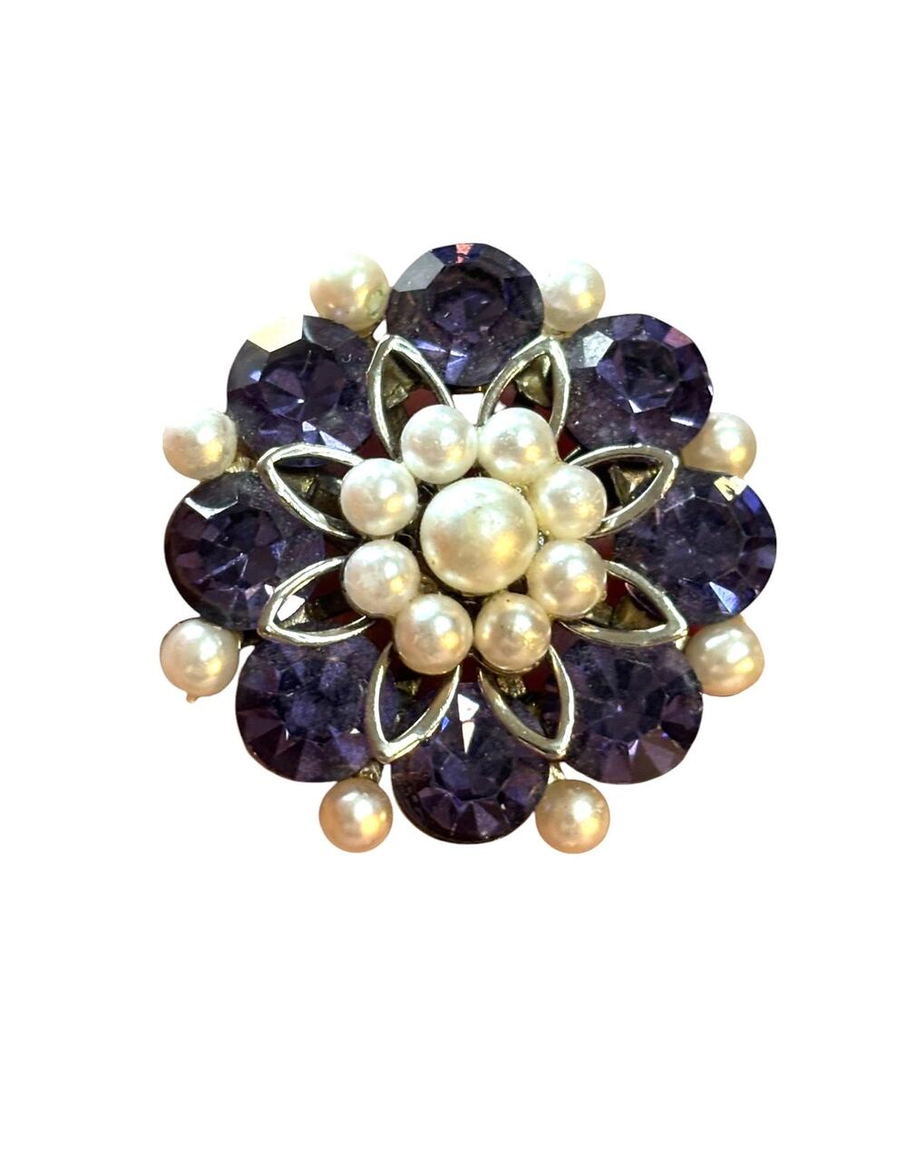 Vintage Purple Rhinestone Pearl Flower Brooch Gold Tone Mid Century Statement